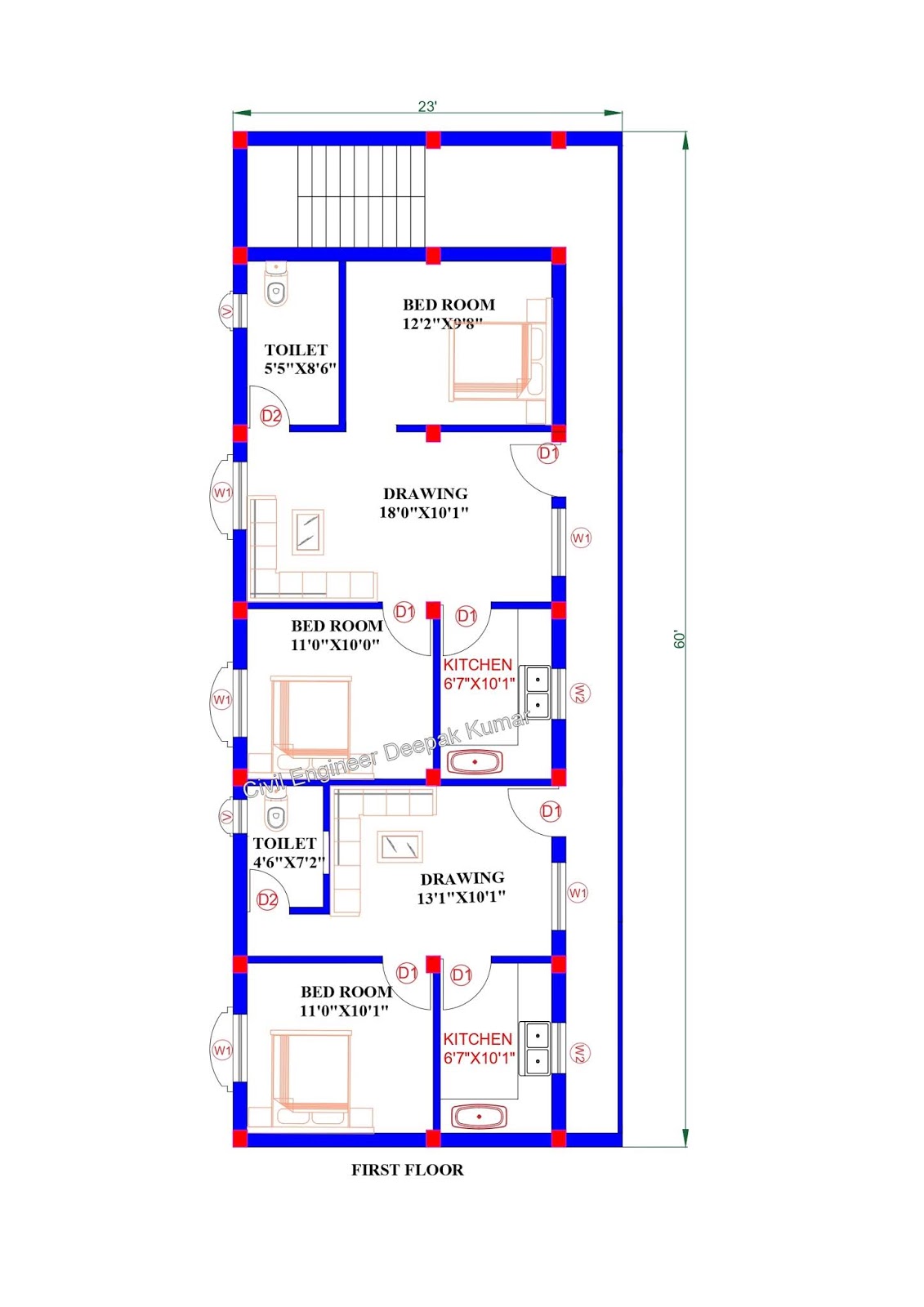 Civil Engineer Deepak Kumar 23 X 60 feet House Plan for