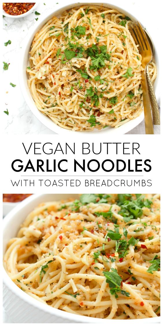 These Vegan Butter Garlic Noodles with Toasted Breadcrumbs are a simple pasta dish with all kinds of flavor. The breadcrumbs add a crunch that is next level delicious! These Vegan Butter Garlic Noodles with Toasted Breadcrumbs are a simple pasta dish with all kinds of flavor. The breadcrumbs add a crunch that is next level delicious!