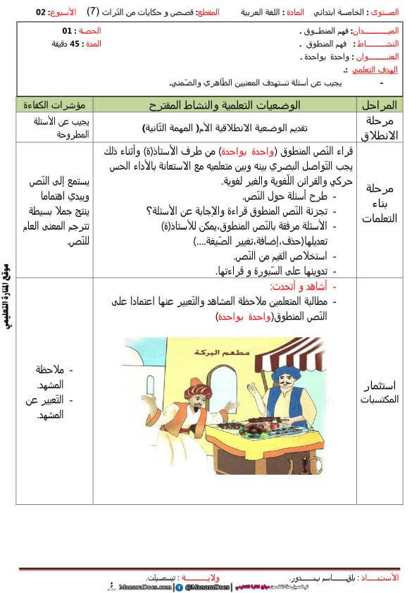 مذكرات السنة الخامسة 5 ابتدائي في اللغة العربية المقطع السابع الاسبوع  الثاني جحا و السلطان