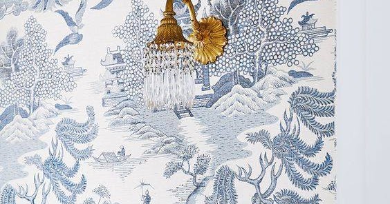 Content in a Cottage: Bathroom with Blue Willow Wallpaper