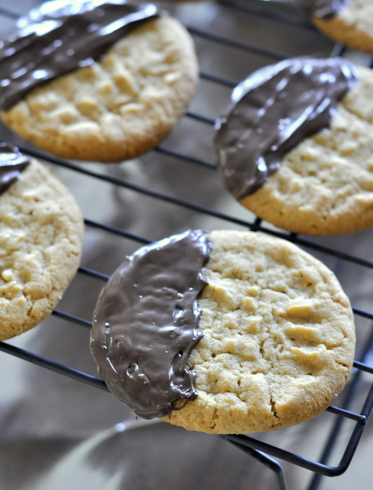 Dark Chocolate-Dipped Peanut Butter Cookies on Taste As You Go