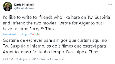 Daria Nicolodi (@NicolodiDaria), em 10/01/2018: "Gostaria de escrever para amigos que curtam aqui no Tw. Suspiria e Inferno, os dois filmes que escrevi para Argento, mas não tenho tempo. Desculpe e Thnx." (Traduzido do inglês por Google).