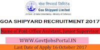 Goa Shipyard Limited Recruitment 2017– Office Assistant, Junior Supervisor