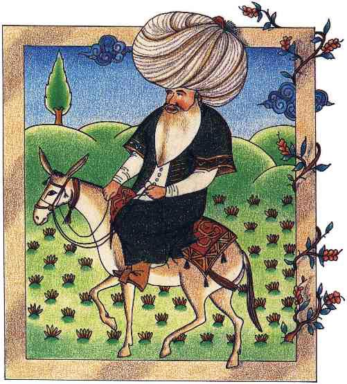 cartoon of a happy bearded man in a huge turban, riding a donkey in a green landscape
