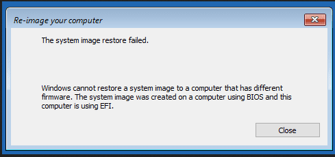 Windows non è in grado di ripristinare un'immagine di sistema su un computer con firmware diverso