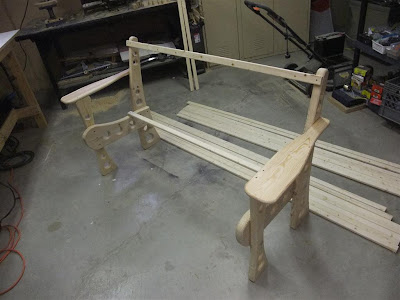 test fit wood bench, slats, rails