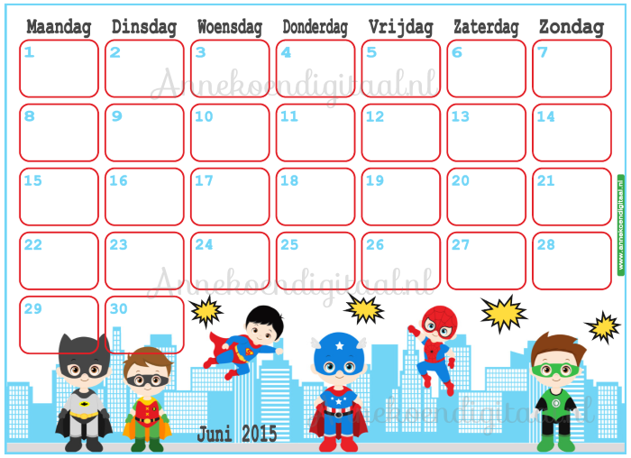 bladzijde fragment Intuïtie Blog over Feestelijke Traktaties, Printables, Sweet Tables en Taart!: Juni 2015  Kalender - Superhelden kalender !