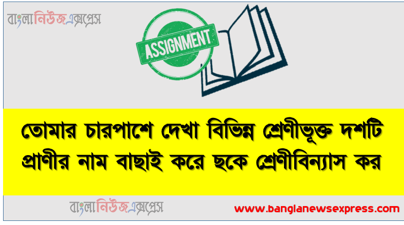 তোমার চারপাশে দেখা বিভিন্ন শ্রেণীভূক্ত দশটি প্রাণীর নাম বাছাই করে ছকে শ্রেণীবিন্যাস কর। মানবজীবনে এদের গুরুত্ব উল্লেখ করে এদের সম্পর্কে সচেতনতা বৃদ্ধির জন্য কি কি পদক্ষেপ নেওয়া যায়- এ লক্ষ্যে একটি প্রতিবেদন তৈরি করো।