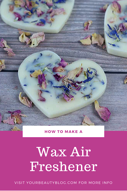 How to make a natural air freshener with soy wax, beeswax, and essential oils. If you need idea for a solid air freshener, this has dried herbs so it looks cute.  Use as a hanging air freshener or place in a bowl or in a dresser drawer. Use in the house or in the car. Make a home made long lasting air freshener for any room in your house or as a decoration or gift. This do it yourself (DIY) air freshener is easy to make and includes recipes for a fun blend of oils for scents. #airfreshener #diy #essentialoils