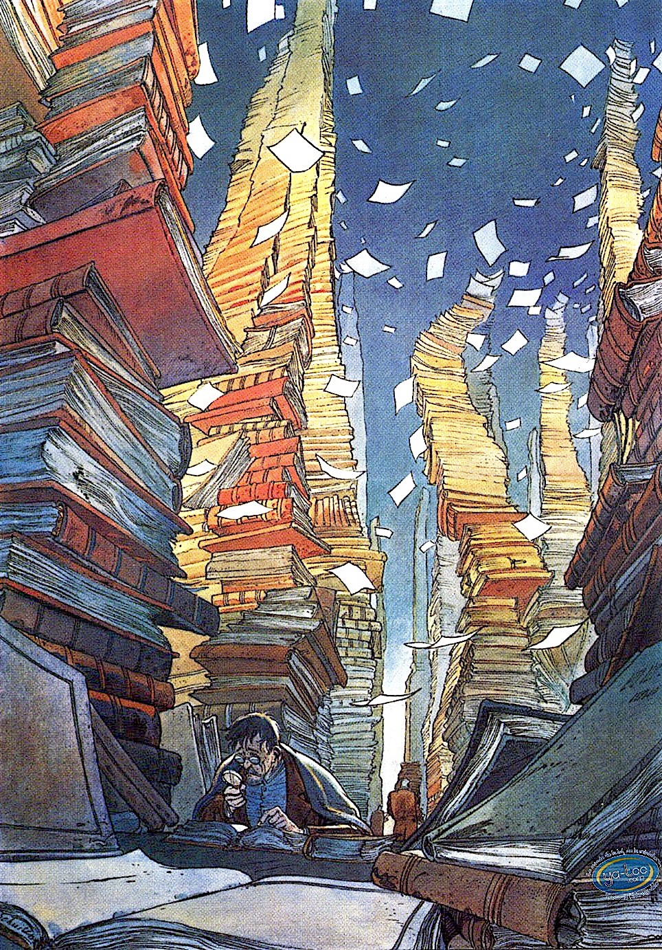 François Schuiten François Schuiten, a man reading among giant stacks of books
