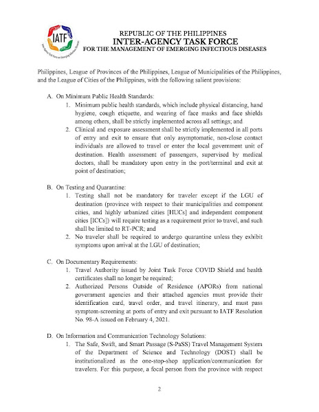 No more COVID-19 tests and quarantine for travelers unless LGU requires it