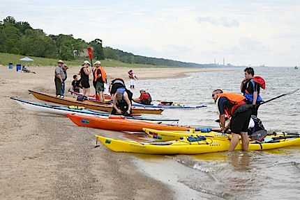 kayaks on Lake Michigan shore
