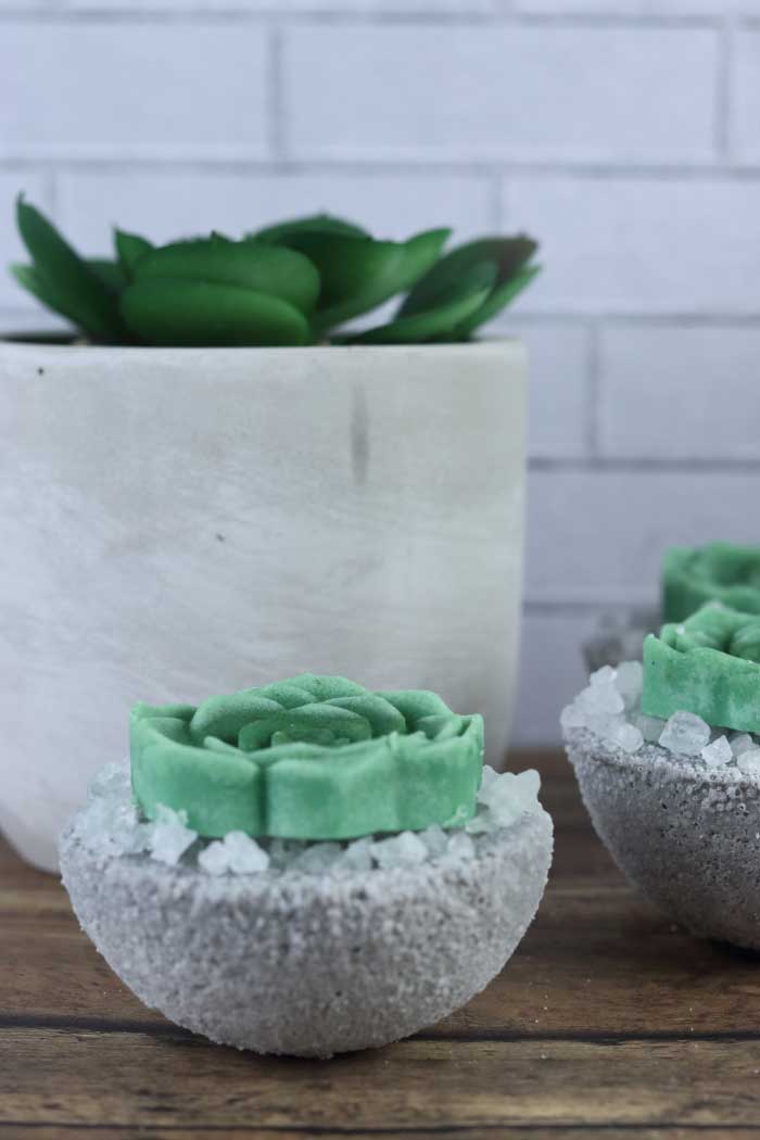 How to make cute DIY succulent bath bombs. These fake succulents would make a unique gift idea. This homemade bath bomb recipe is made with Epsom salt, baking soda, and essential oil and without cornstarch. It is full of fizzy bubbles when it hits the water.  Get ideas for home made bath bombs with a pretty succulent bath melt on top. I used the best bath bomb molds that are sturdy.  It's a plain circle mold, so there's no special one needed. #bathbomb #diy #succulent