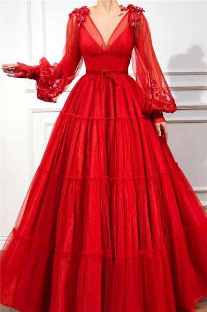 Chic V Neck Long Sleeves Red Tulle Prom Dress | Charming Ball Gown Appliques Beading Long Prom Dress