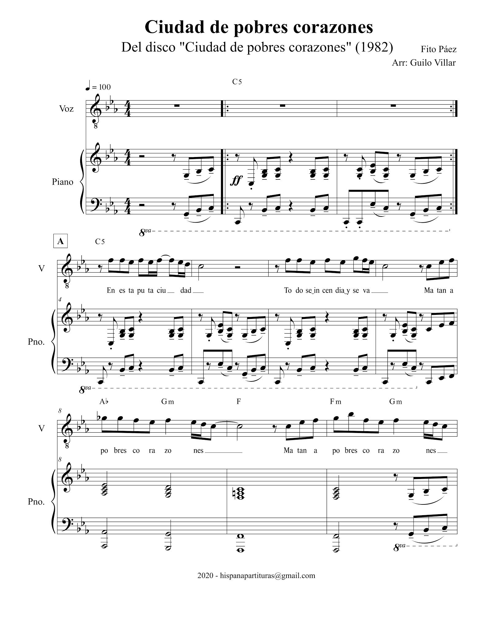 Fito Páez Ciudad de pobres corazones (Partitura para piano y voz)