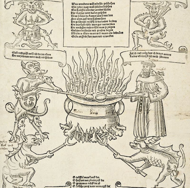 (8) Надписи владельца над фигурой монаха:  «Лютер» и «дьявол».  Листовка «Забава еретика Лютера». Ок. 1520.