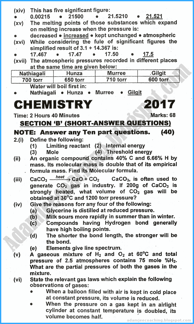 Adamjee Coaching: XI Chemistry - Past Year Paper - 2017