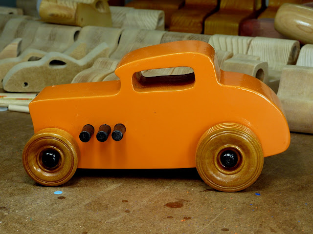 Handmade Wooden Toy Car Hot Rod 1932 Ford Deuce Coupe Orange With Black Trim
