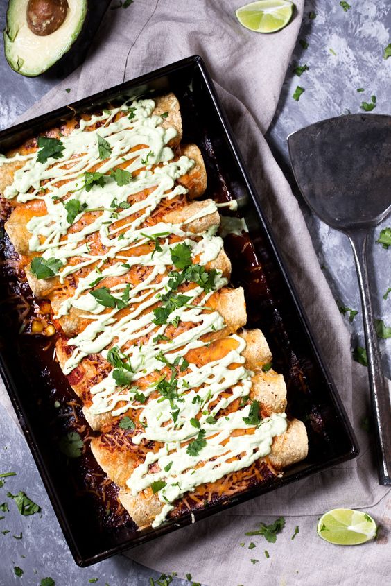 Sweet Potato Black Bean Enchiladas with Avocado Lime Crema Easy For