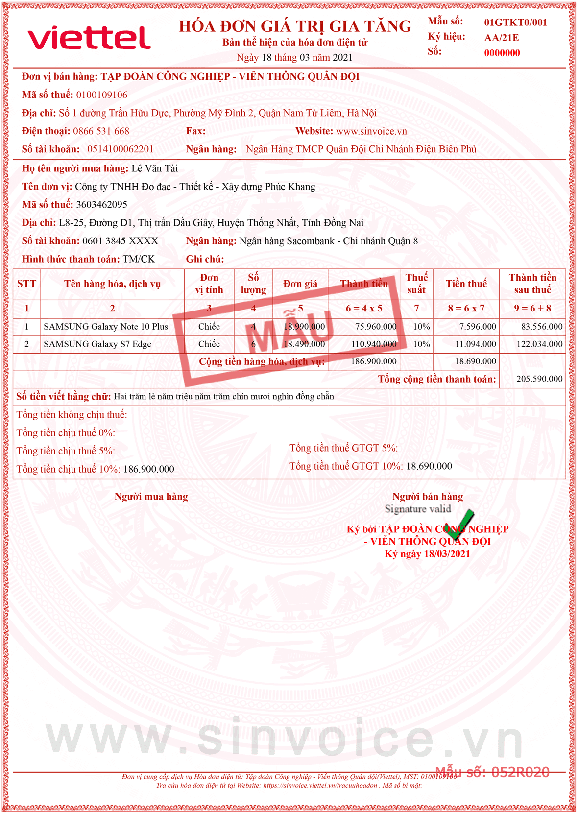 Mẫu hóa đơn điện tử số 052R020