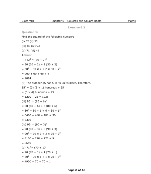 NCERT Solutions for Class 8 Maths Chapter 6 Squares and Square Roots NCERT Solutions for Class 8 Maths Chapter 6 Squares and Square Roots