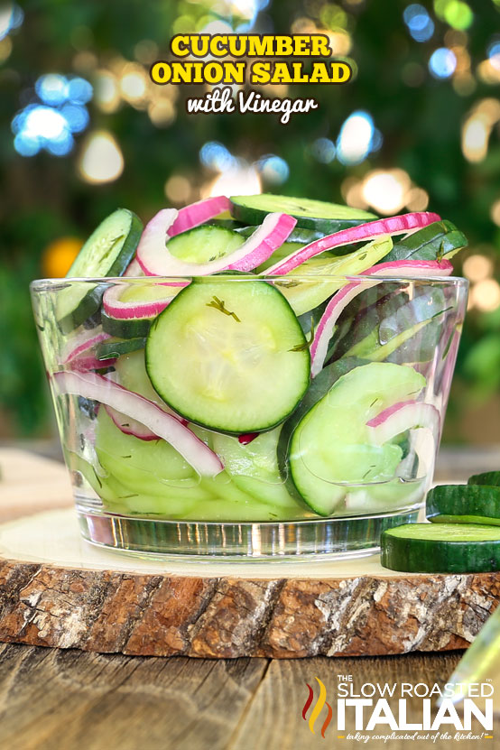 Title Text: Cucumber Onion Salad with Vinegar Photo: salad in a clear bowl