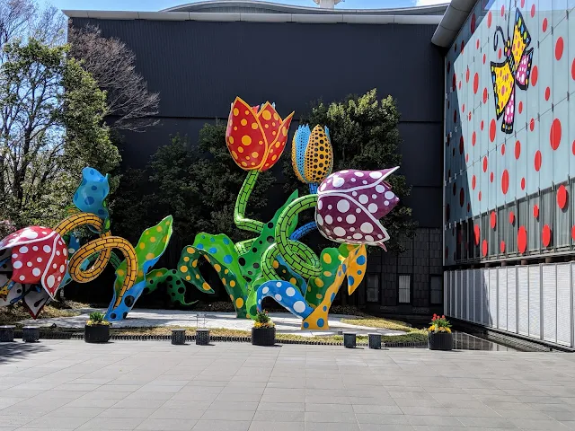 What to see in Matsumoto Japan: colorful flower sculptures outside Matsumoto City Museum of Art