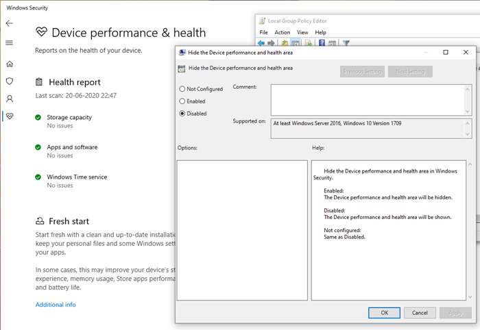 Habilite el rendimiento y la salud del dispositivo en la seguridad de Windows