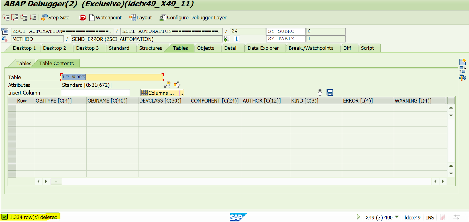 SAP ABAP Central Delete internal table contents while in debugging