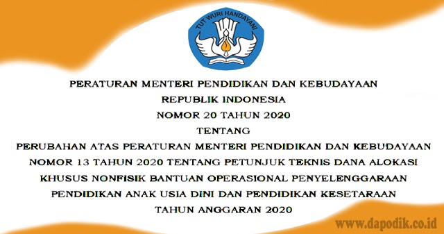Permendikbud Ri No 20 Tahun 2020 Tentang Perubahan Atas Permendikbud No 13 Tahun 2020 Tentang Juknis Dana Alokasi Khusus Nonfisik Bantuan Operasional Penyelenggaraan Pendidikan Anak Usia Dini Dan Pendidikan Kesetaraan Tahun Anggaran