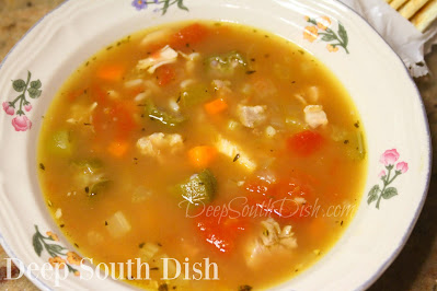 A quick, small batch soup, made using a vegetable mirepoix of onion, carrot and celery, with fresh minced garlic, okra, tomatoes, leftover cooked chicken and rice and a quality commercial stock or broth.