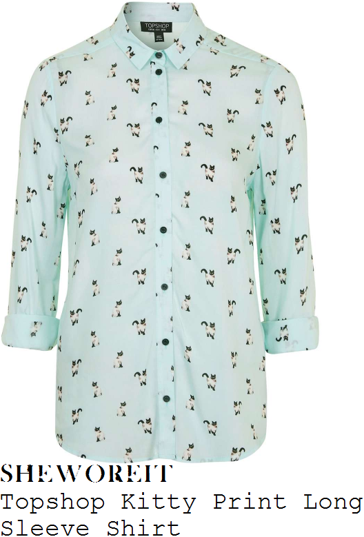 gaby-roslin-topshop-mint-green-cream-and-black-siamese-kitty-cat-print-long-sleeve-rolled-cuff-button-up-collared-shirt
