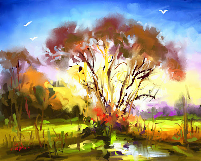 Tree at sunset digital landscape painting by Mikko Tyllinen