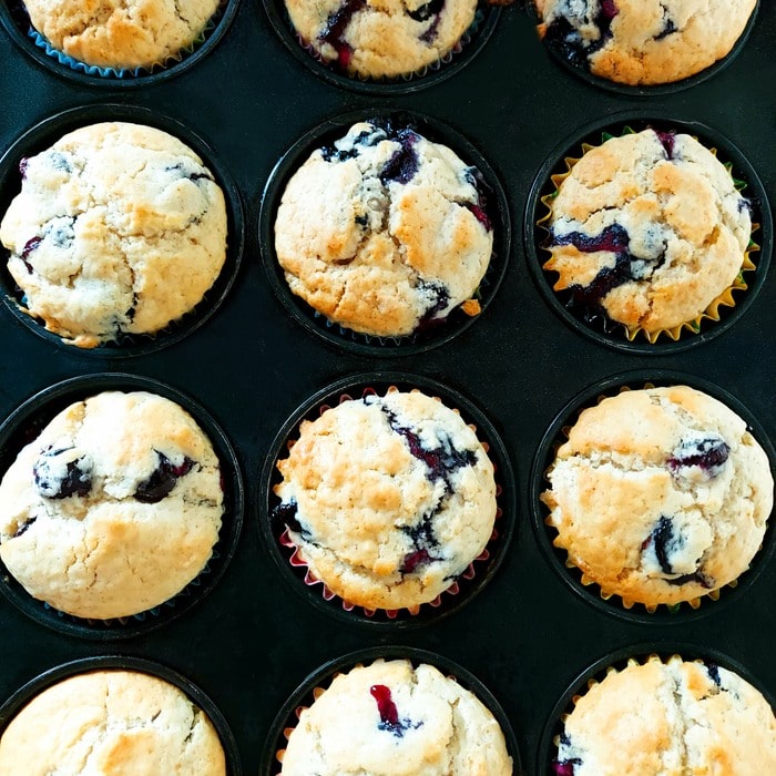 blueberry ginger muffins in a muffin tin