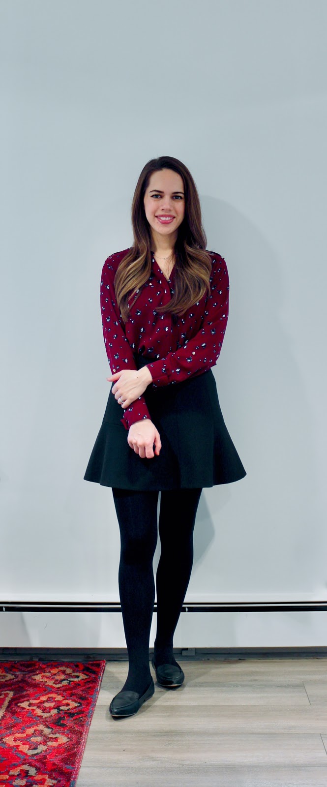 Jules in Flats - Burgundy Floral Blouse with Fit and Flare Mini Skirt (Business Casual Winter Workwear on a Budget)