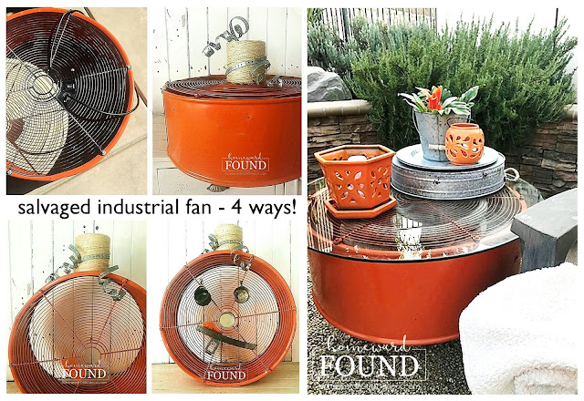 fall, outdoor decor, outdoor fall decor, salvaged, upcycled, repurposed, junk makeover, industrial style, trash to treasure, orange accent color, firepit area decor, backyard decor,  use what you have decorating, farmhouse style, DIY, DIY decorating, DIY project, salvaged metal industrial fan becomes outdoor table