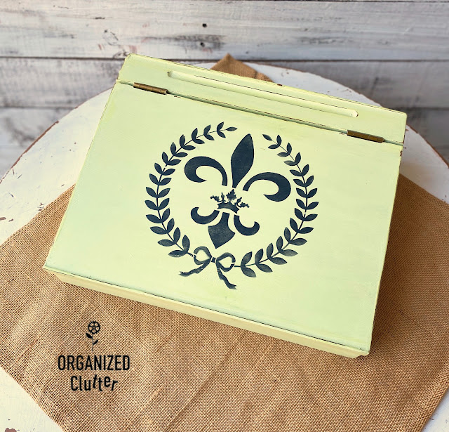 Thrifted Lap Desk Repurposed As A Seed Box #stencil #IODtransfer #frenchstyle #fleurdelis #terracottapots #seedbox #upcycle #repurpose #dixiebellepaint