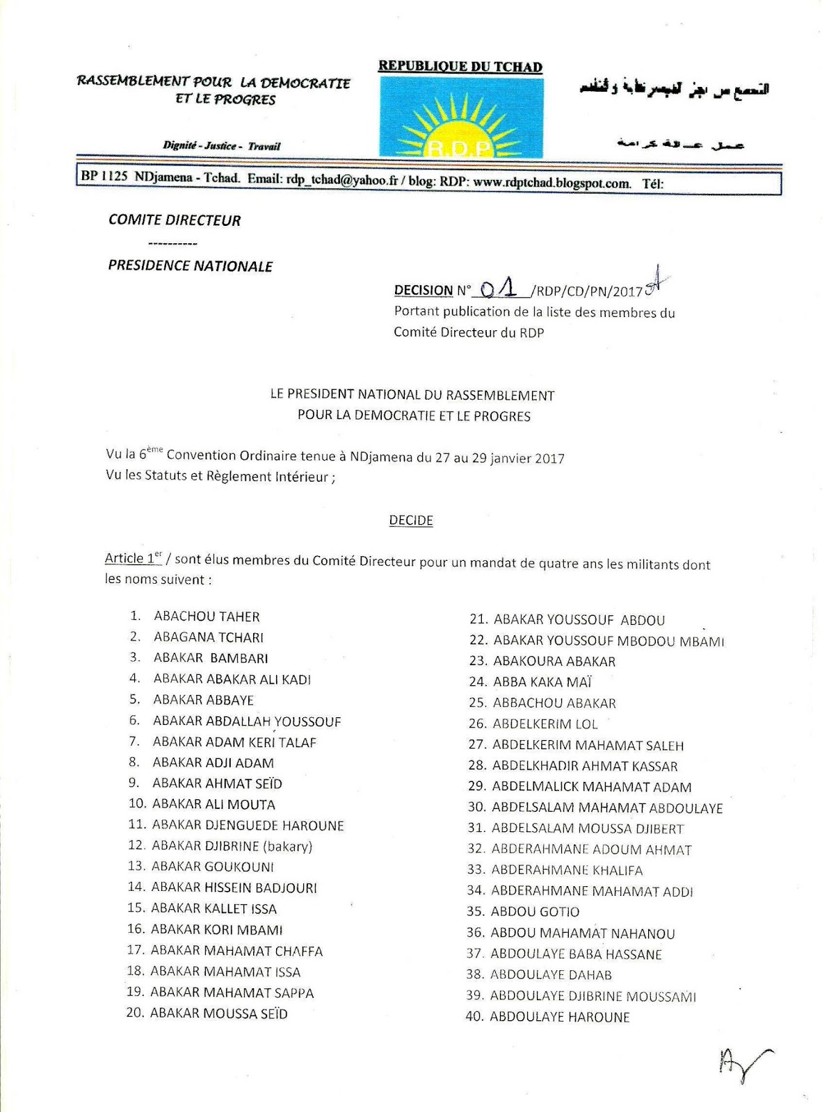 LA LISTE DES MEMBRES DU COMITE DIRECTEUR DU RDP ELUS LORS DE LA 6 EME