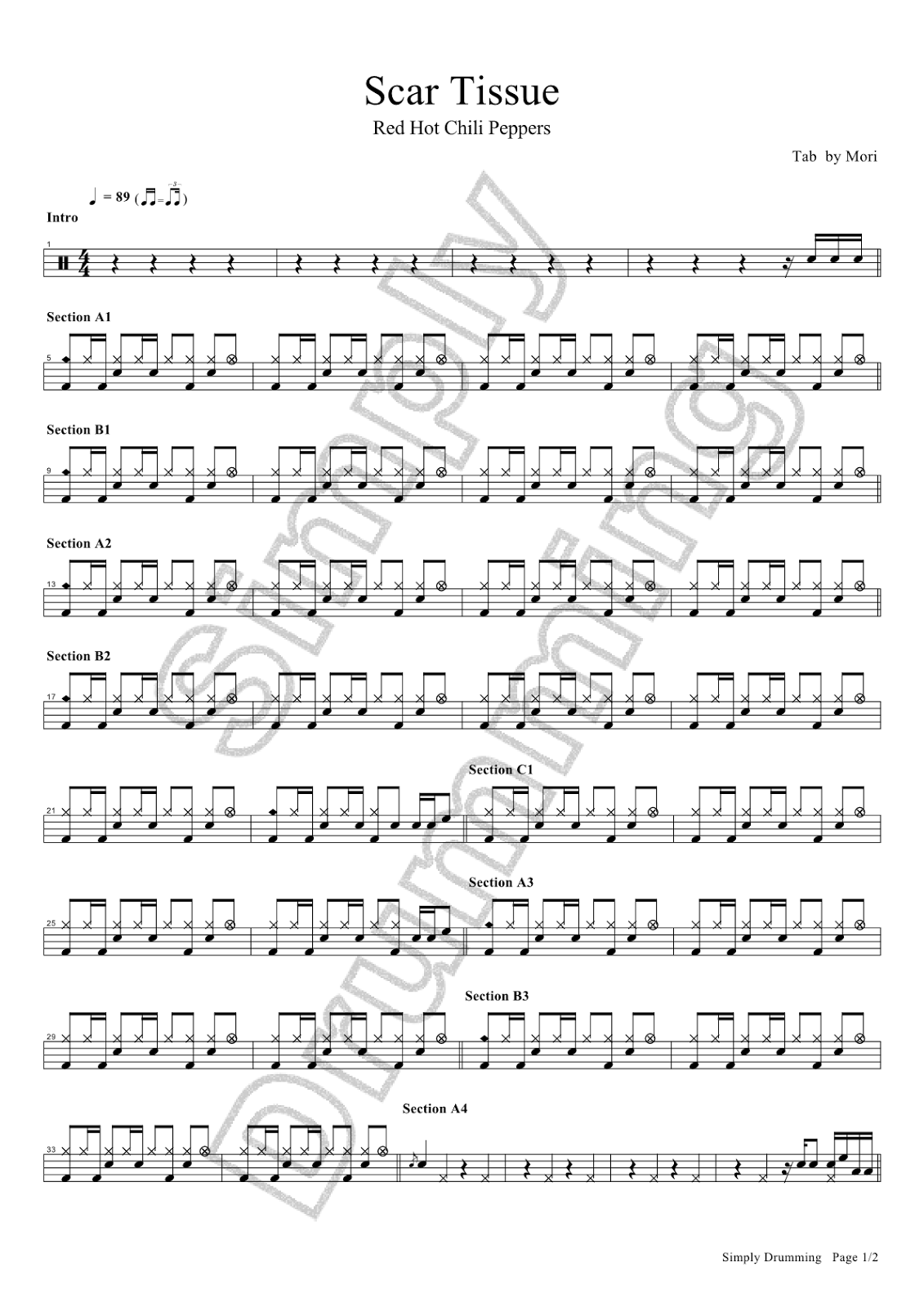 Scar Tissue sheet music for bass (tablature) (bass guitar) (PDF)