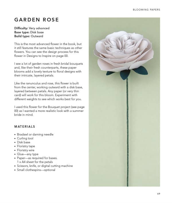 book page introductory text about making a paper garden rose