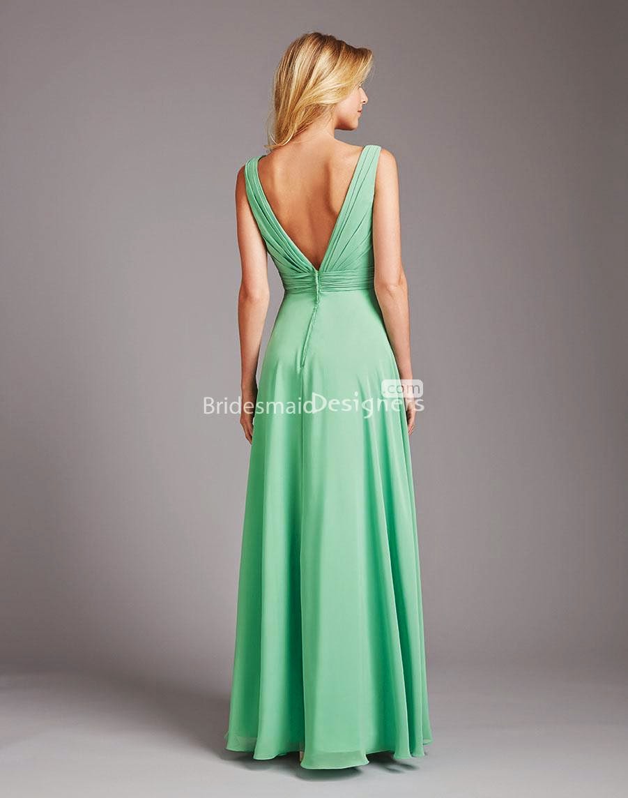 V Back Green Chiffon Cowled Neck Long Bridesmaid Gown-2