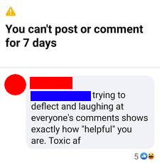 "You can't post or comment for 7 days" in response to "trying to deflect and laughing at everyone's comments shows exactly how "helpful" you are. Toxic af