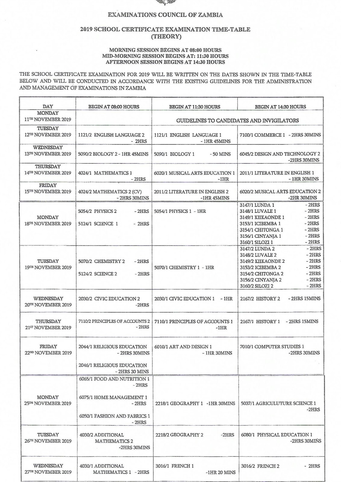 G12 EXAM TIME TABLE 2019 4thirteen youth incentive zambia