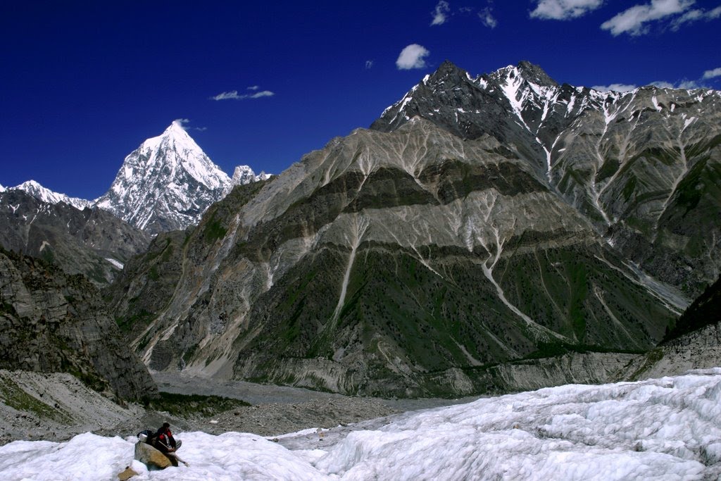 peak in Gilgit Baltistan. glacier in Gilgit Baltistan. Bar Khass valley. Sani Pakkush 6953 m on the left and Dadoyo chhok 6092 m on right above Toltore glacier and Baltar glacier Bar Khass Chalt Nagar valley