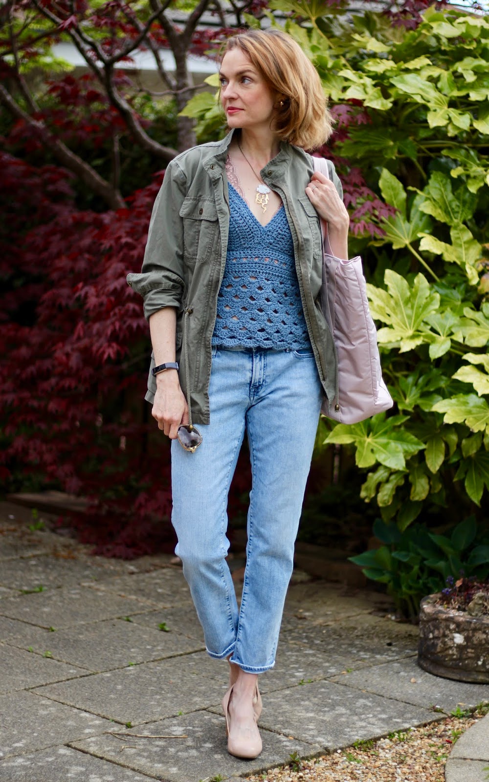 Crochet top Khaki jacket and denim jeans | Spring Style | Fake Fabulous