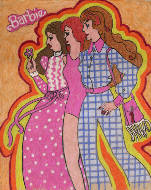 Vintage doll ad colored pencil drawing