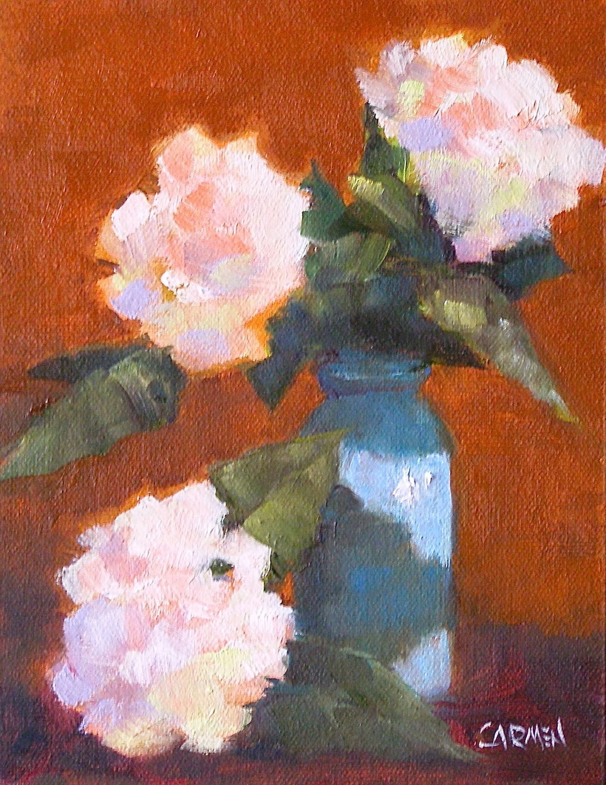 Carmen Beecher White Hydrangeas, 6x8 Oil on Canvas Panel, Floral Painting