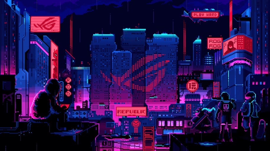 #3.3179, ROG, 8-Bit, Pixel, Logo, Night, City, 4K Wallpaper