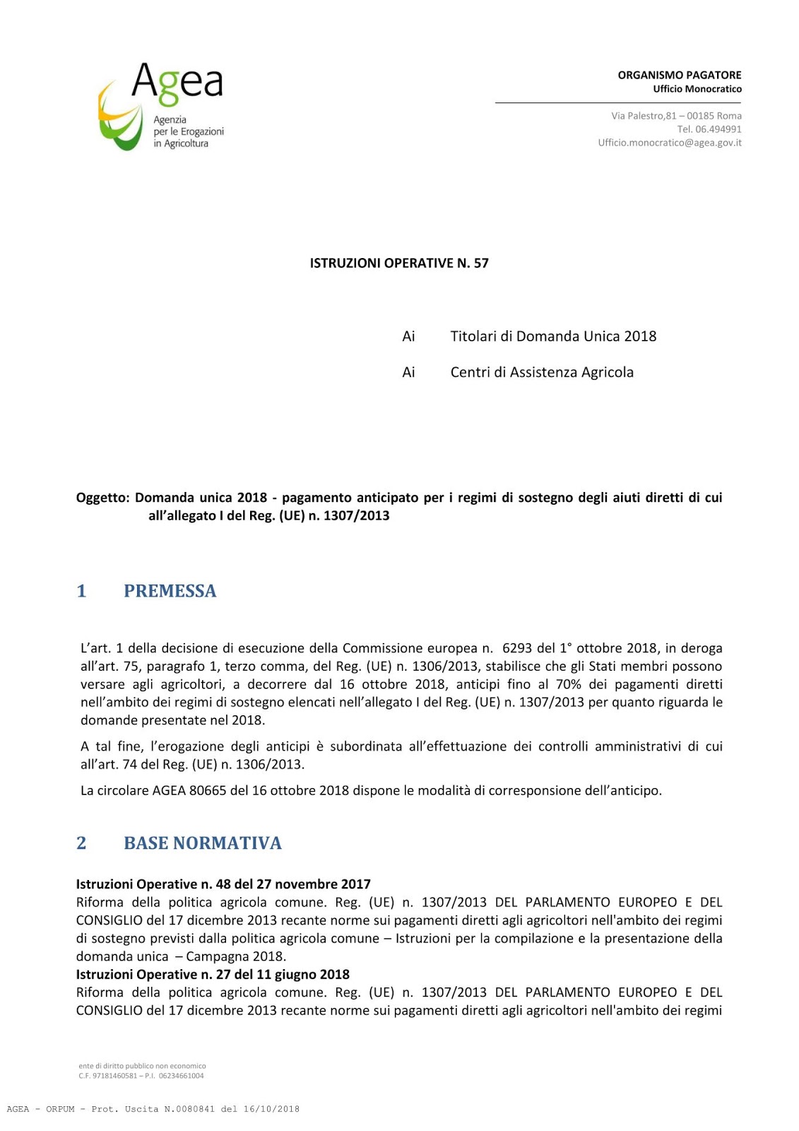 Agea istruzioni operative pagamento anticipato domanda unica 2018