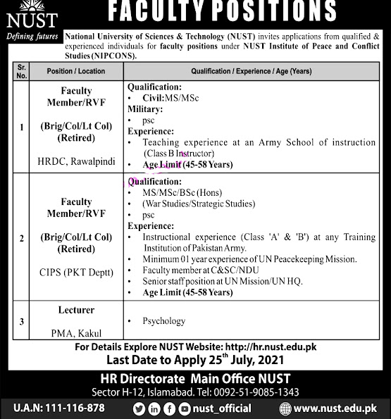 Latest Jobs in National University of Science & Technology NUST 2021